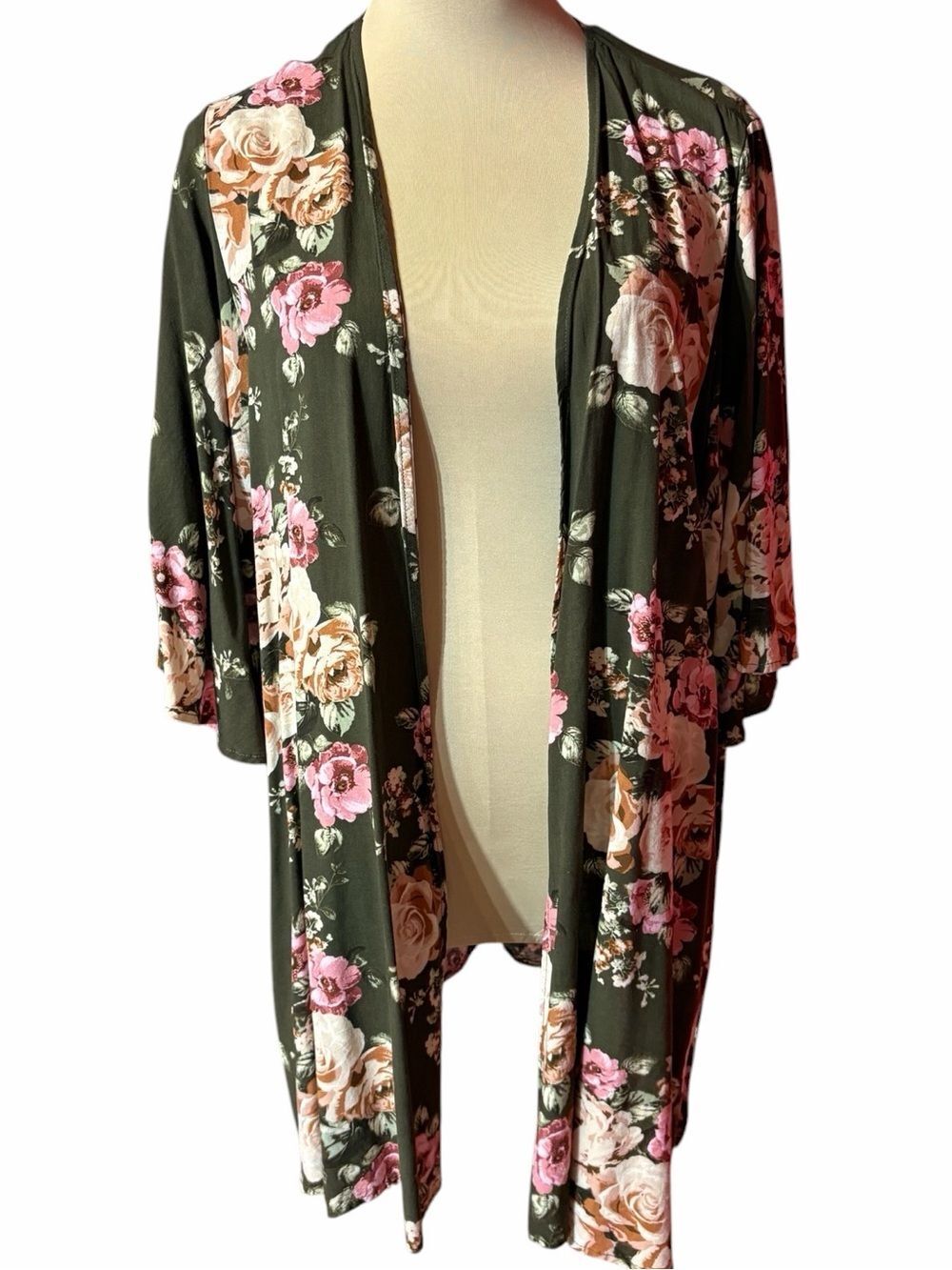 Andree By Unit Olive Green Floral Open Front Kimono Cardigan Size Large